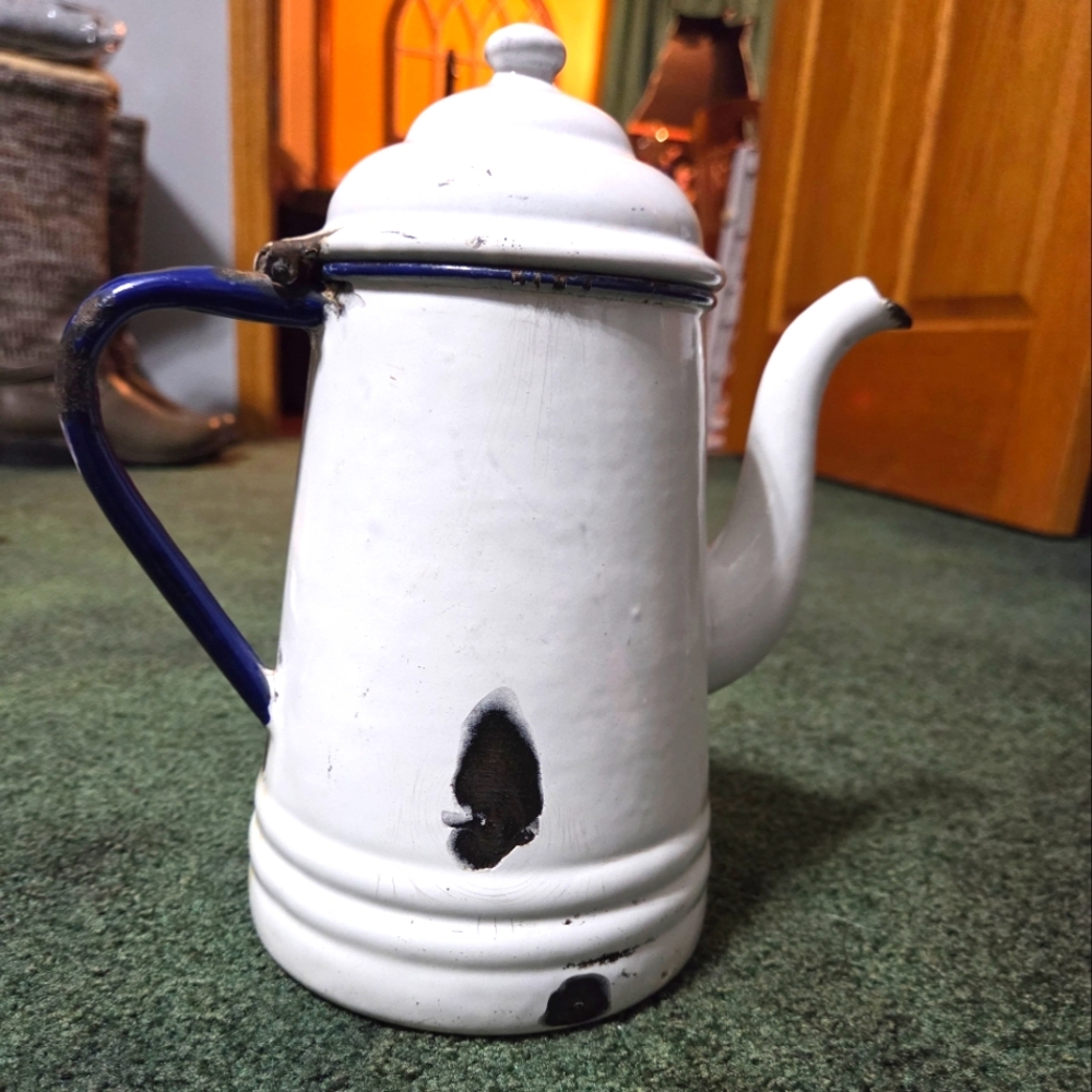 Vintage White Enamel Coffee Pot with Blue Handle